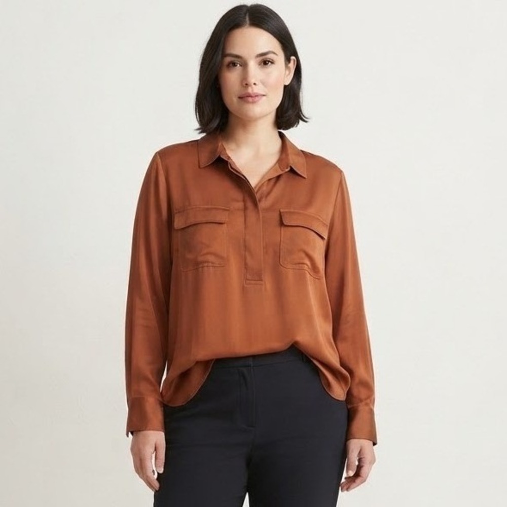 J. Jill Popover Blouse Womens XL Rust Brown Modal Rayon Utility Flap Pocket Top